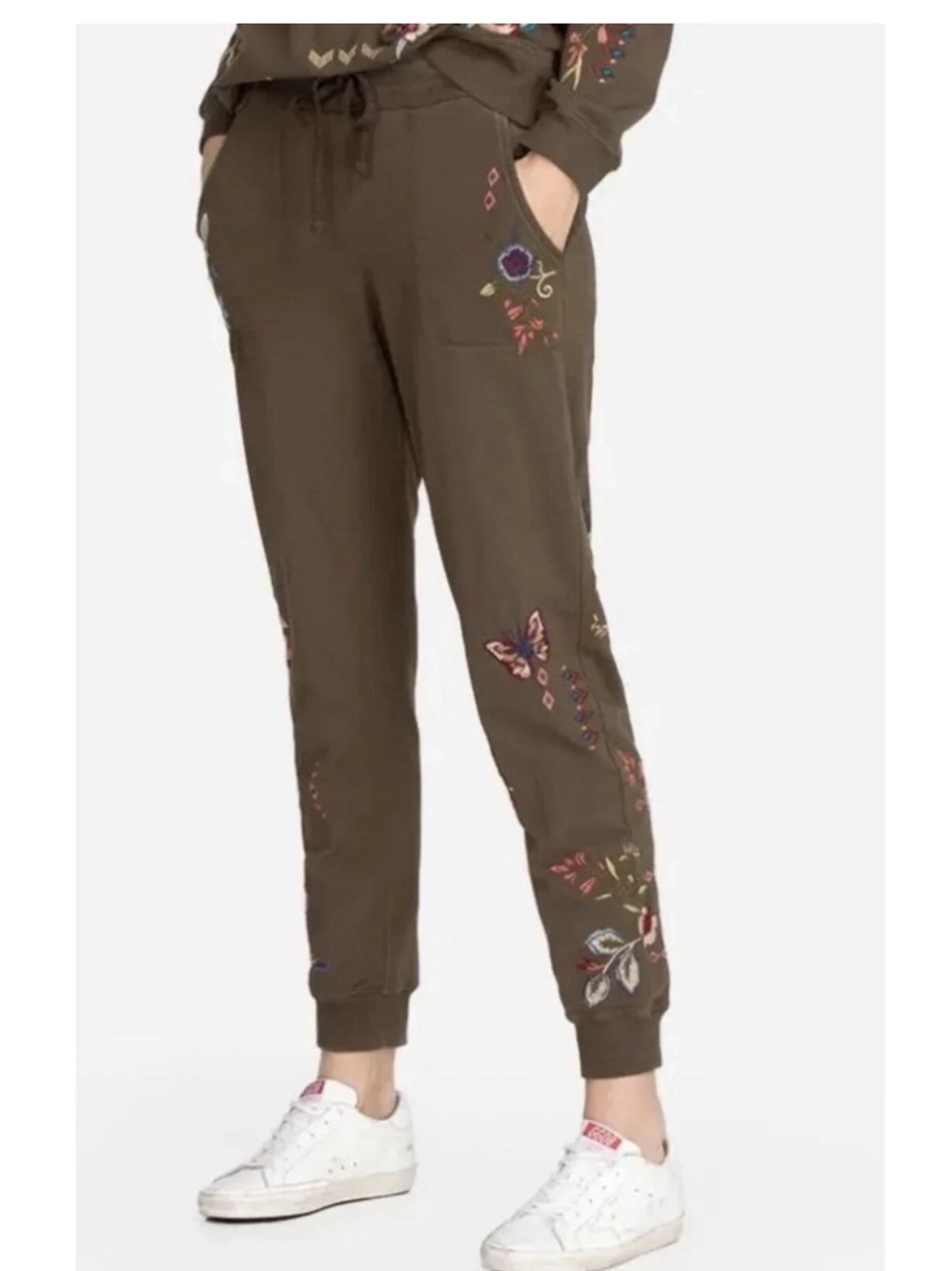 Johnny Was Embroidered French Terry Joggers Olive Green Size XS